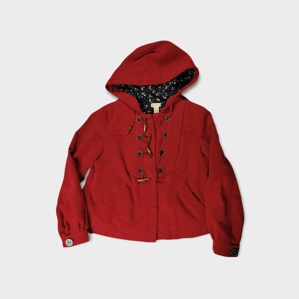 Anthropologie Elevenses Red Toggle Quilted Mod Jacket with Hood